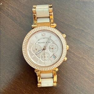 Michael Kors Gold and Cream Crystal-Accent Chronograph Bracelet Watch